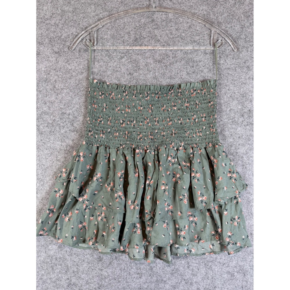 Rose Velvet Floral Smocked Tube Top Women Small Green Excellent Tiered Ruffle